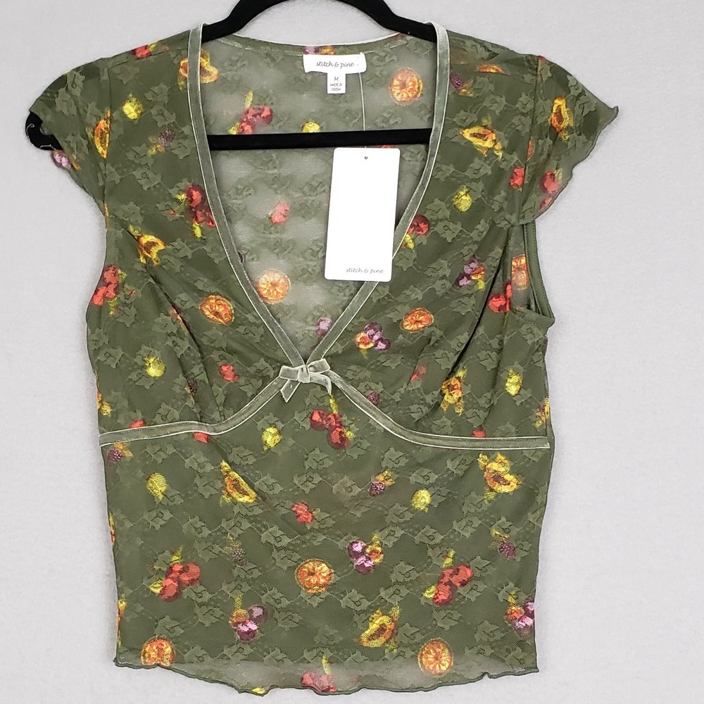 Bow Front Babydoll Top Green Floral Romantic Cottagecore Milkmaid Coquette Sz M